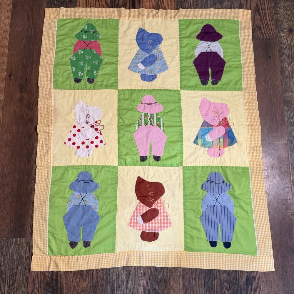 Vintage Sunbonnet Sue Overall Sam Applique Quilt Handmade 38x45 Gingham